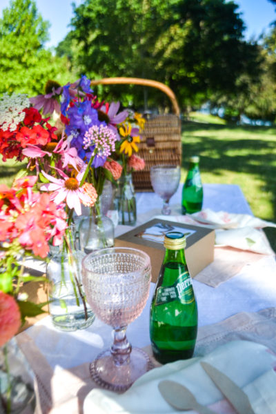 Picnic table decorated with fresh flowers