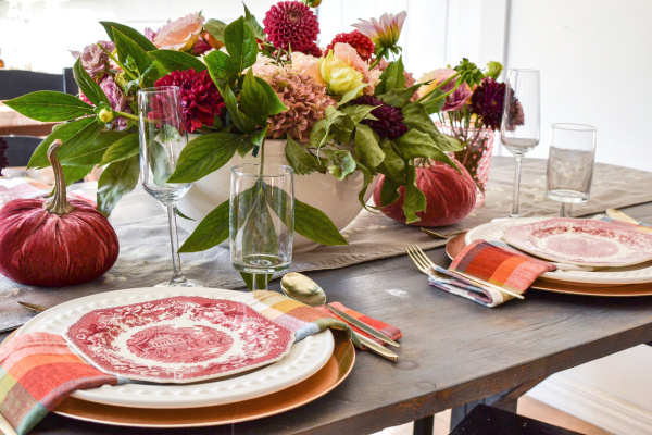 bowl of dahlias on a cozy autumn table