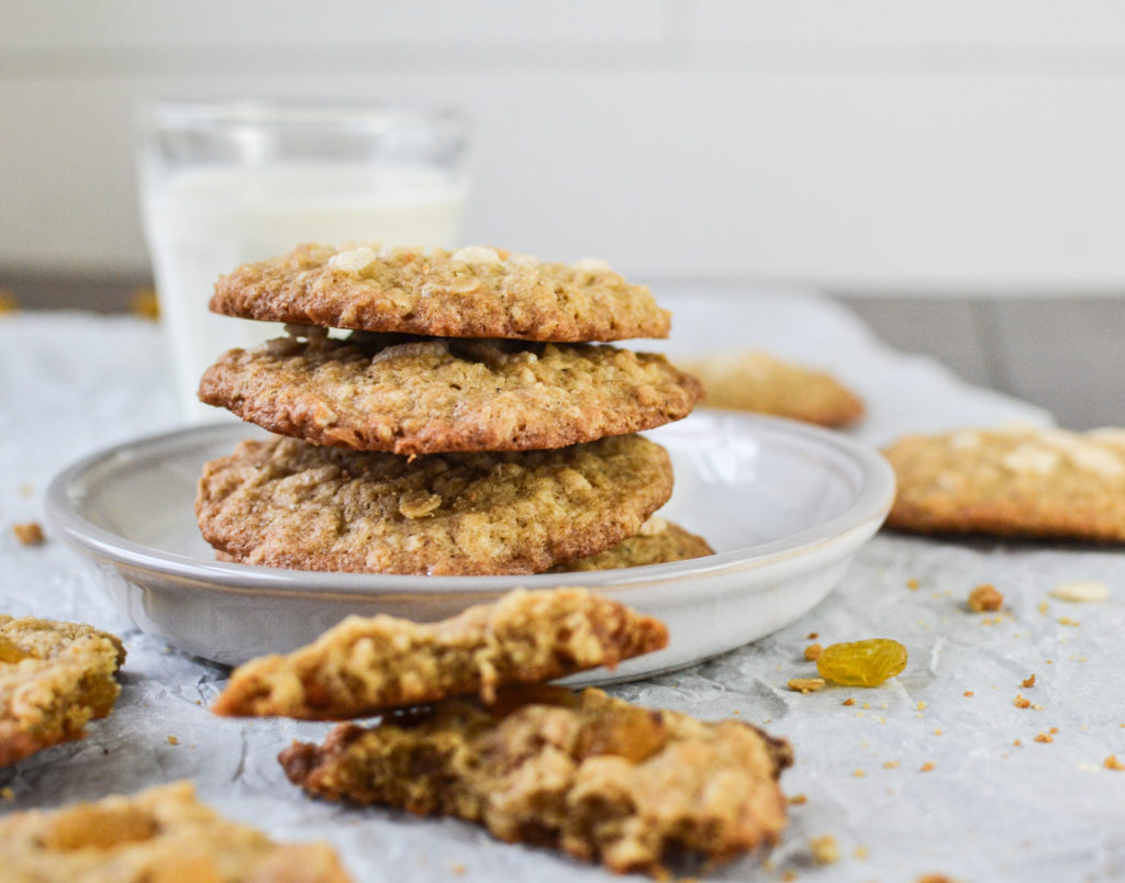 Oatmeal cookies stacked on a plate