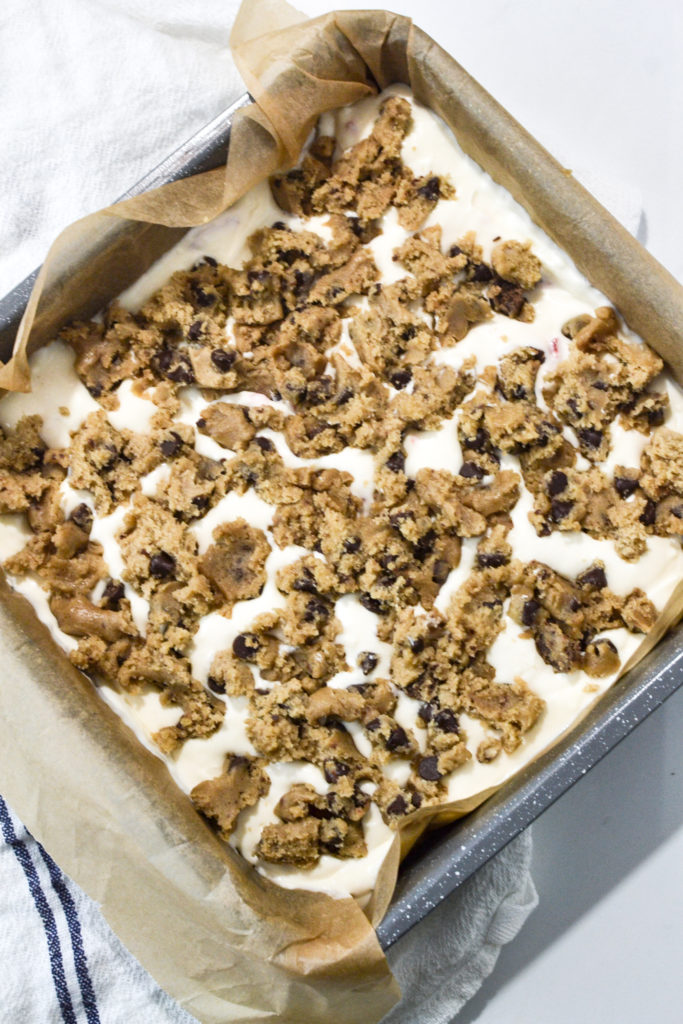 Chocolate Chip Cheese Cake Bars ready to go into the oven