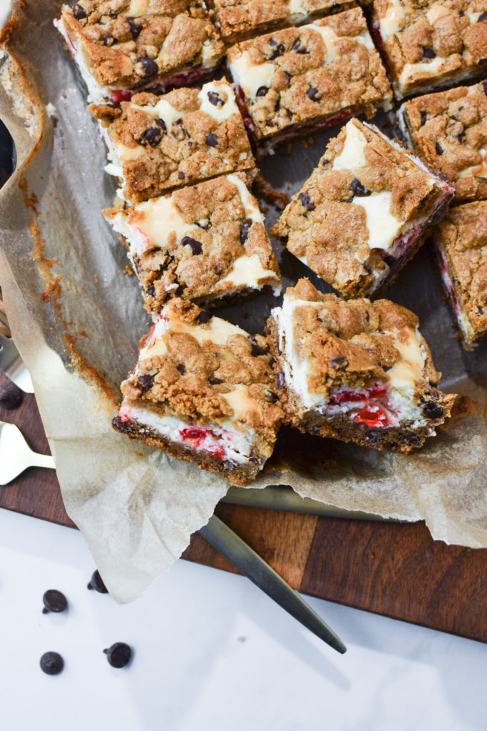 Chocolate chip cheesecake bars with cherry cheesecake filling