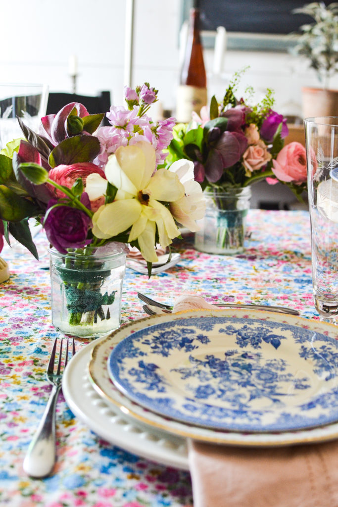 small posy of flowers, blue and white floral plates