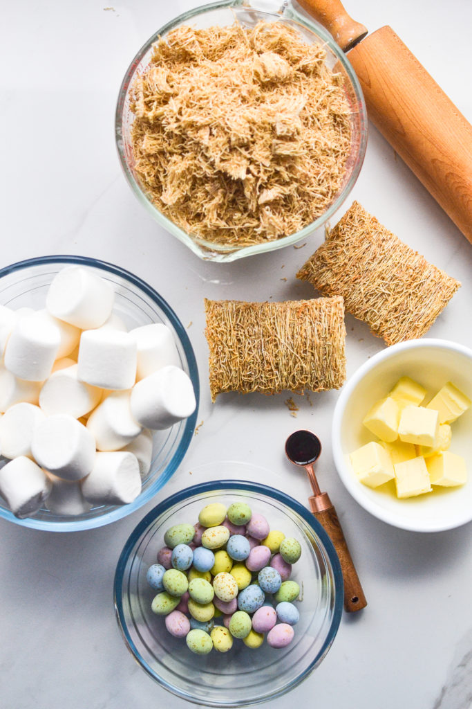 Ingredients to make edible shredded wheat nest cookies