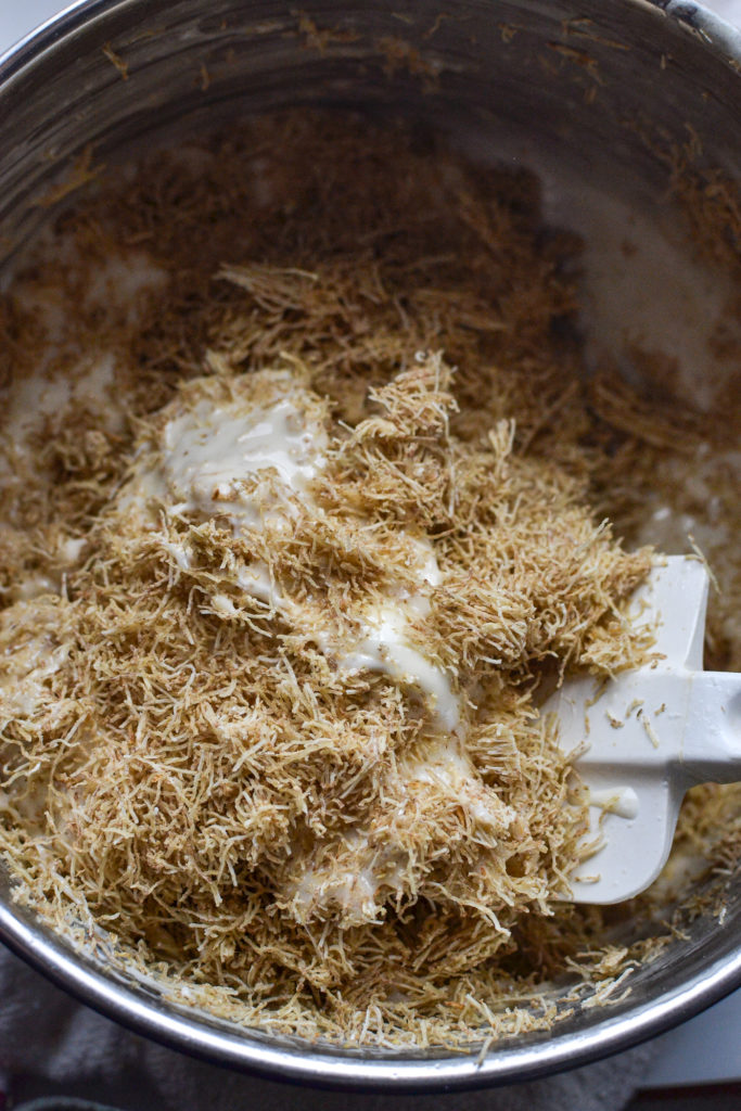 crushed Shredded Wheat cereal and marshmallows are blended before shaping into nests
