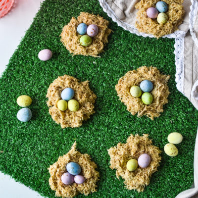 Easter cookies made with crushed Shredded Wheat cereal and marshmallows