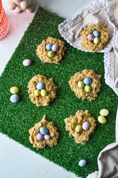 Easter cookies made with crushed Shredded Wheat cereal and marshmallows