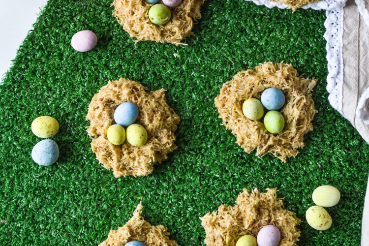 Easter cookies made with crushed Shredded Wheat cereal and marshmallows