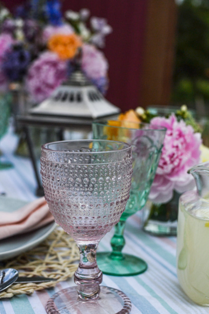 Pink and Green glassware on an outdoor table