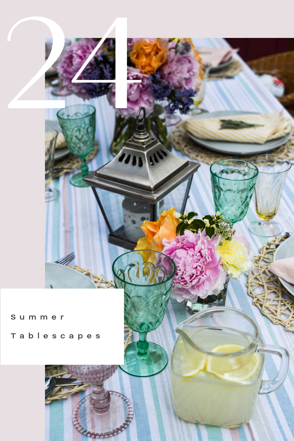 Pinterest Pin for 24 Summer Tablescapes showing an outdoor table with bright tableware