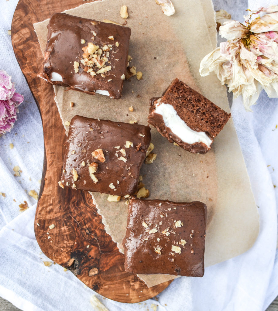 Overhead view of frosted chocolate marshmallow brownies