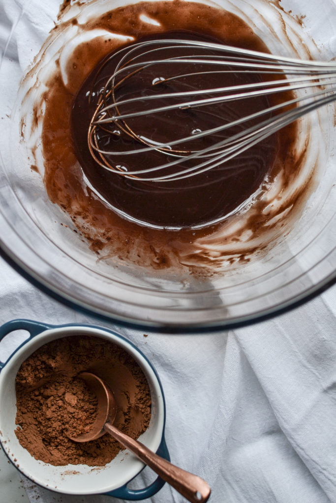 chocolate base for brownies made by whisking melted butter and cocoa powder