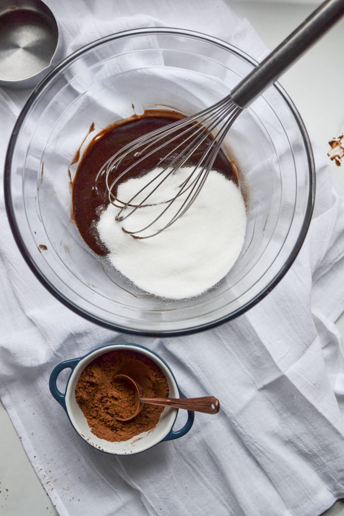 Sugar added to melted butter and chocolate for marshmallow brownies