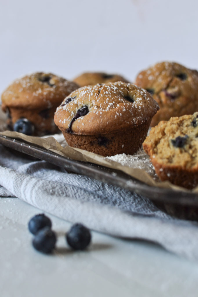 A pan of gluten free blueberry muffins