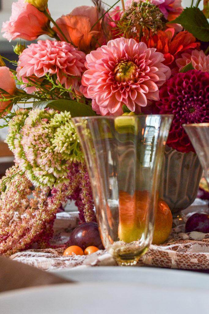 Vintage soft amber water glasses on an autumn dinner table