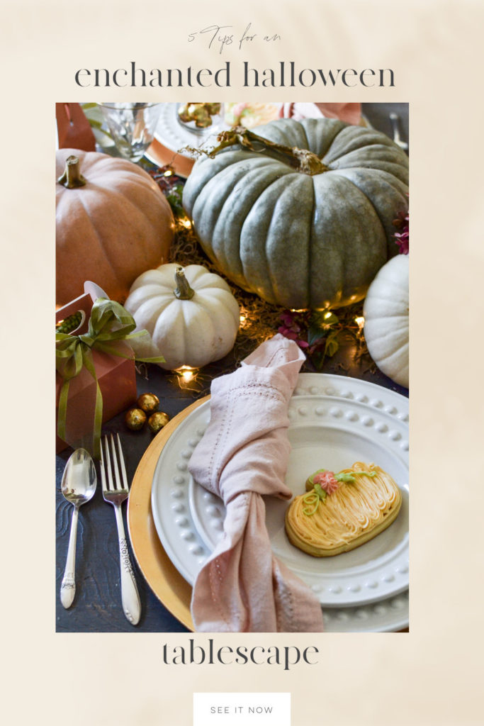 Pinterest Pin for a pumpkin themed Halloween Tablescape