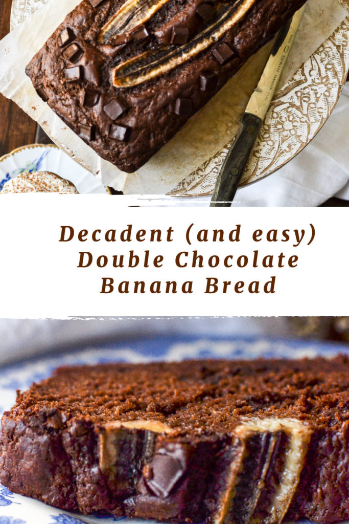 Pinterst Pin with two photos of chocolate banana bread.