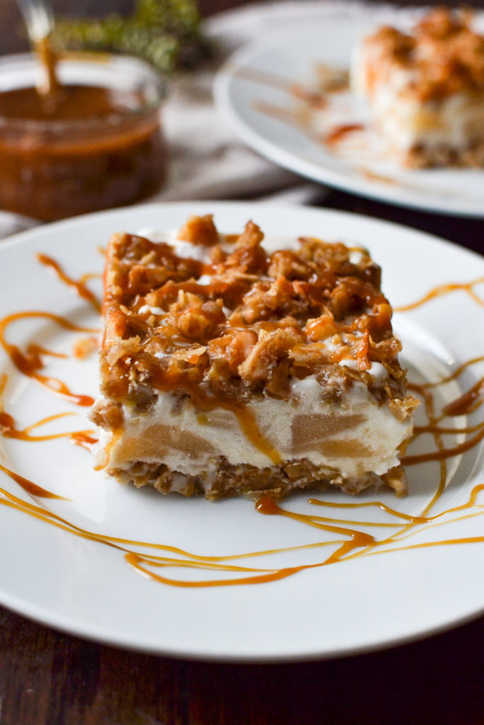 A frozen apple ice cream dessert on a plate drizzled with caramel sauce.