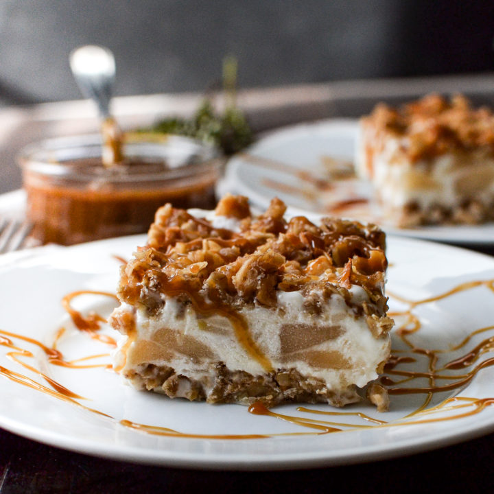 Apple Crisp Ice Cream Dessert cut into squares