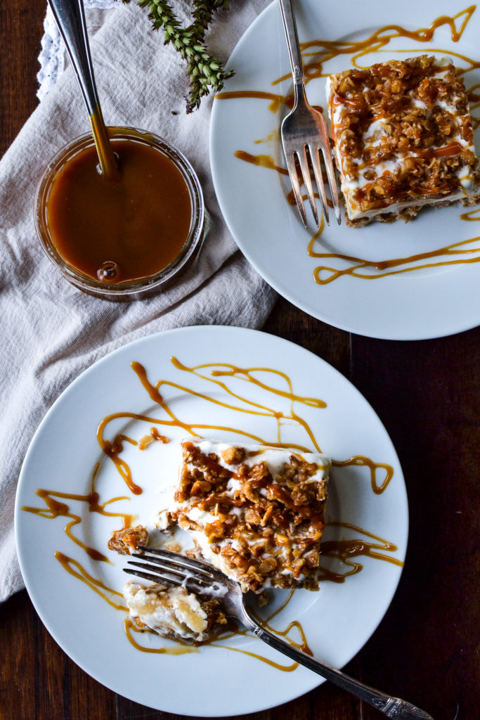 overhead view of 2 slices of frozen apple crisp made with ice cream