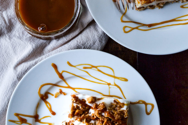 overhead view of 2 slices of frozen apple crisp made with ice cream