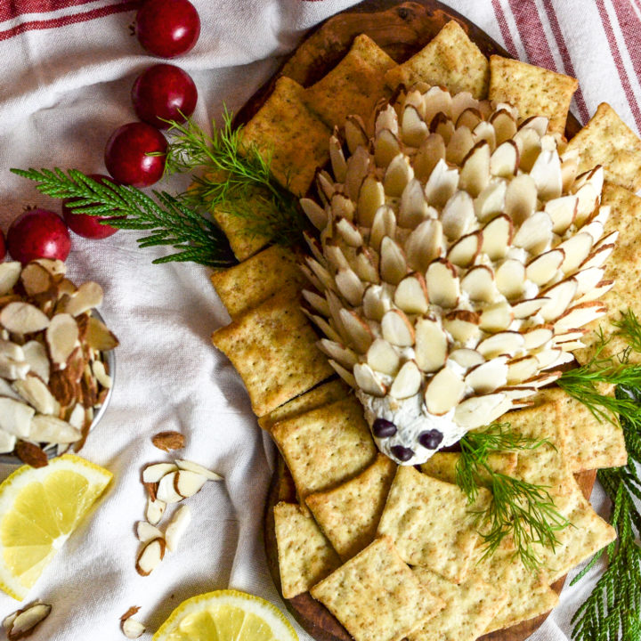 Overhead view of a hedgehog cheese ball surrounded by wheat thin crackers