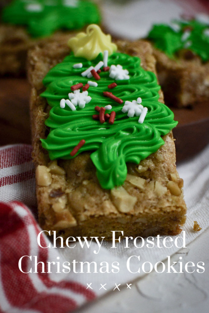 Pinterest Pin of a Chewy Frosted Christmas cookie decorated with a frosting Christmas tree