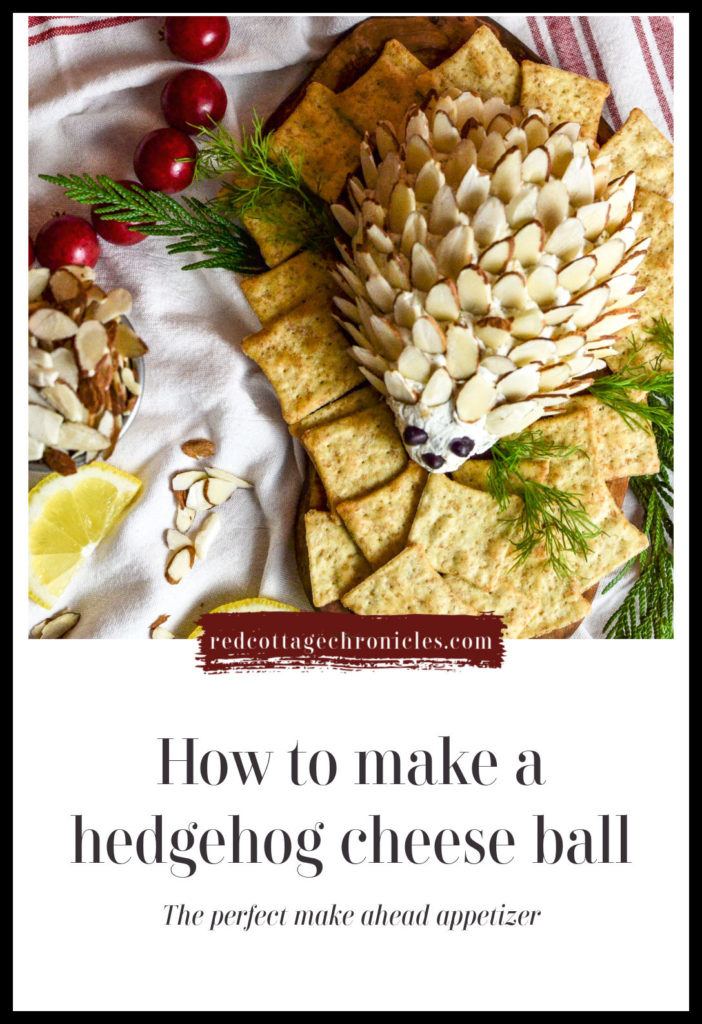 Image for Pinterest with an overhead view of a Hedgehog shaped cheese ball