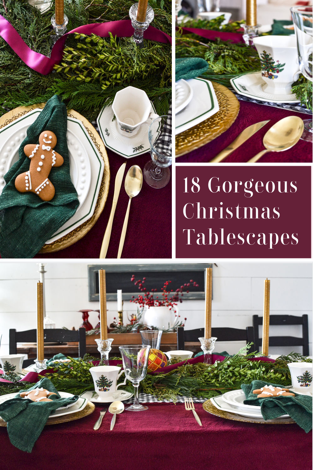 Photo collage of a gold, cranberry and green themed Christmas tablescape