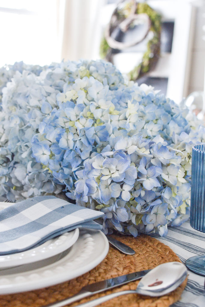 A close-up of blue hydrangea centrepiece.