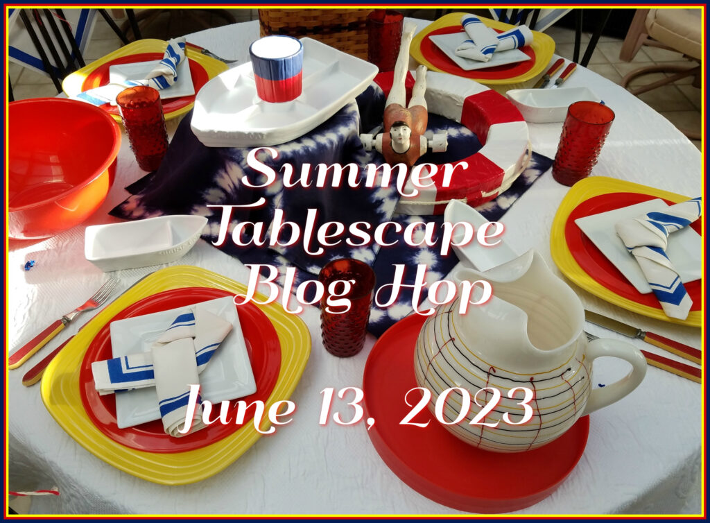 Graphic for the summer tablescape blog hop with a brightly coloured table set for summer.