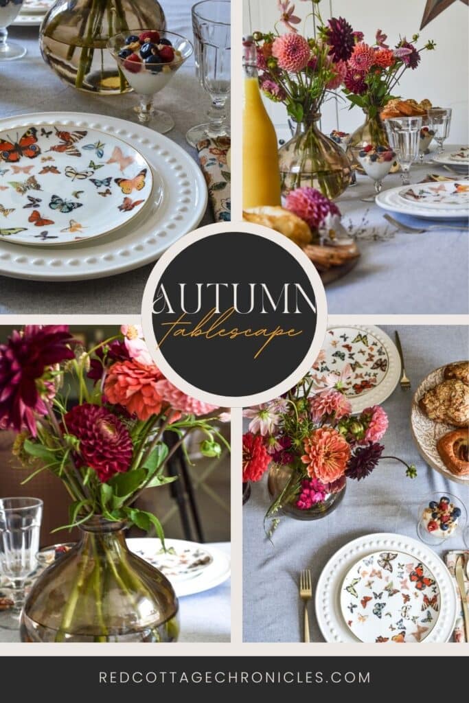 Pinterest collage with 4 photos of a table set for autumn brunch