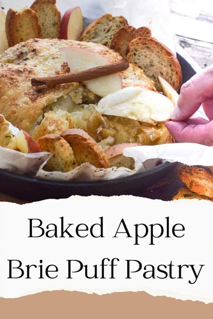 Pinterest Pin Image showing a baked apple brie puff pastry.