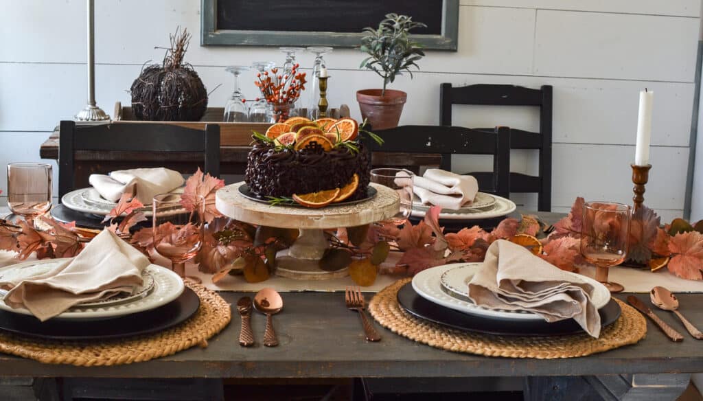 A dining table set for Thanksgiving.