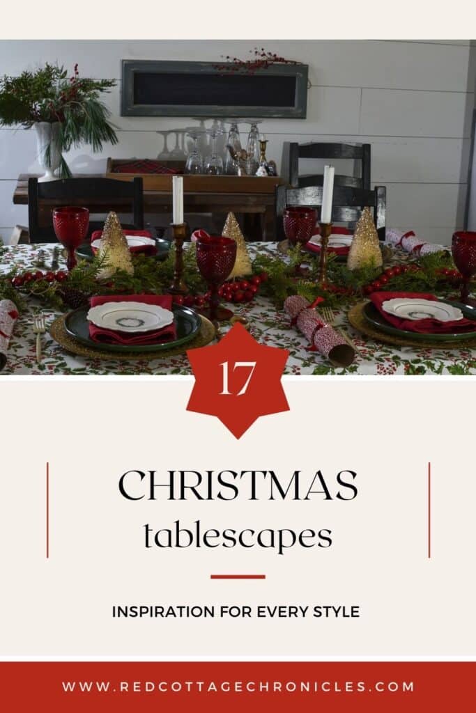 Pinterest Pin with an image of a red, green and gold Christmas tablescape