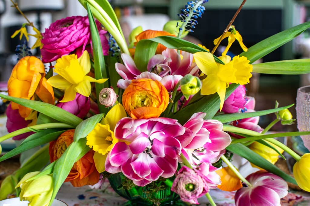 Vibrant spring floral centrepiece.