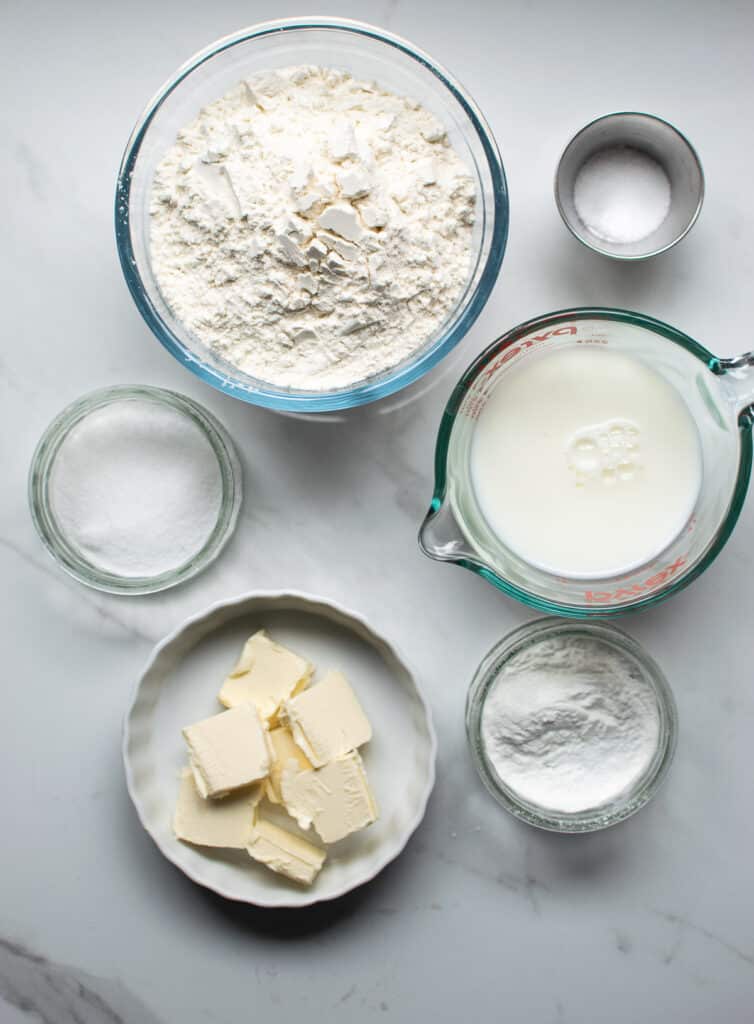 Overhead view of ingredients to make yeast-free cinnamon rolls.