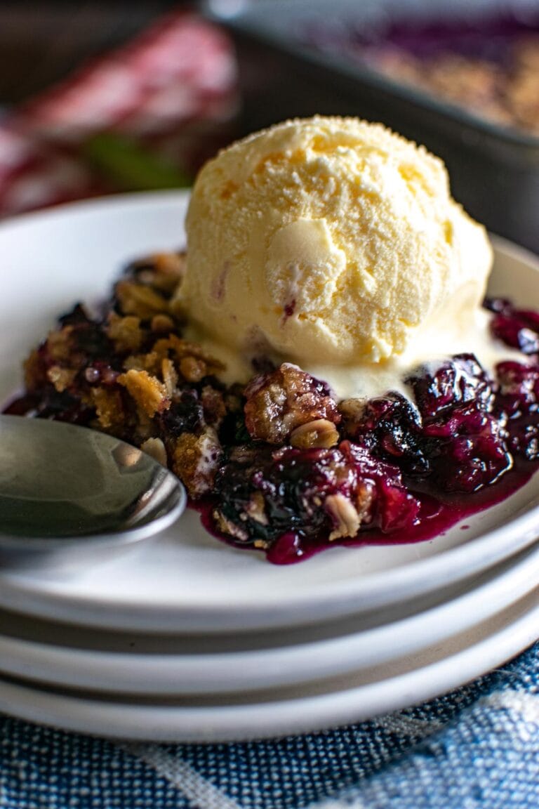 A plate of blueberry rhubarb rips topped with vanilla ice cream on a white plate.