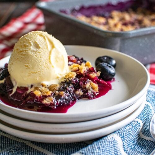 Blueberry Rhubarb Crisp with a scoop of ice cream on a white plate.