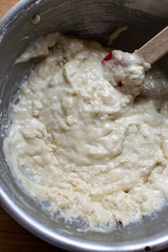 Muffin batter in a mixing bowl.