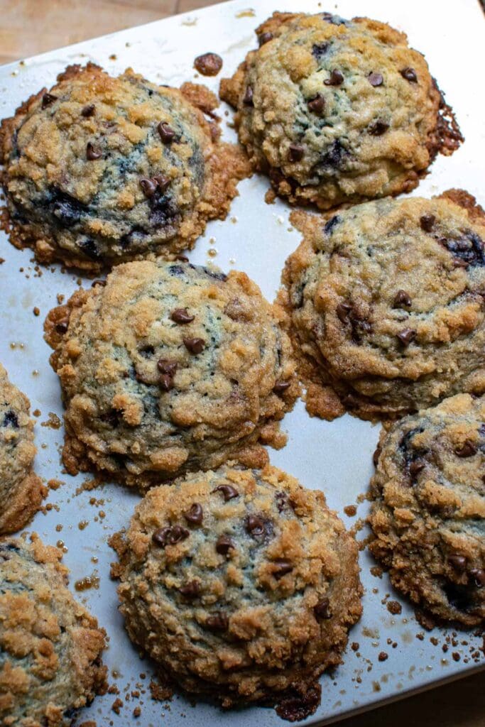 Blueberry chocolate chip muffins fresh out of the oven.