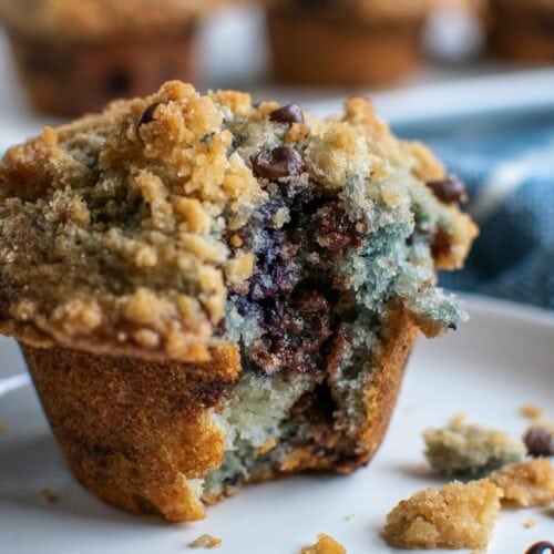 A blueberry chocolate chip muffin with a bit taken out of it on a white plate.