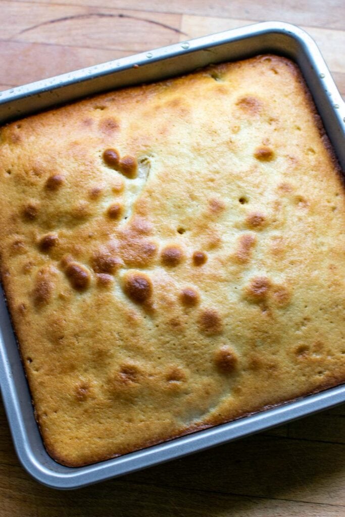 Upside down apple and walnut cake fresh out of the oven and not yet turned out of pan.