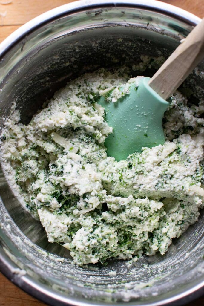Spinach added to cheese mixture for Manicotti.