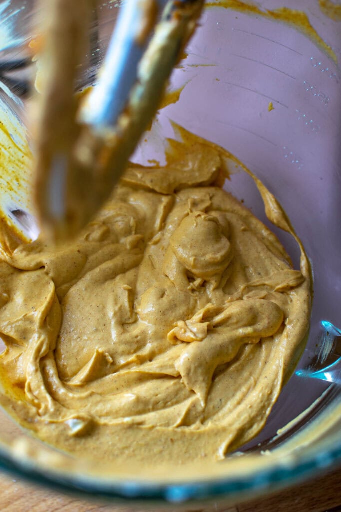 Pumpkin puree and spices added to cream cheese mixture.