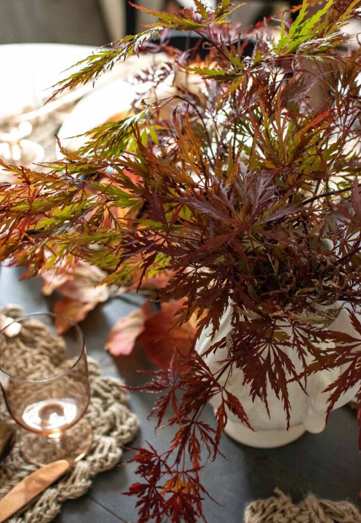 Japanese Red Maple branches in a stone jug on a dinner table.