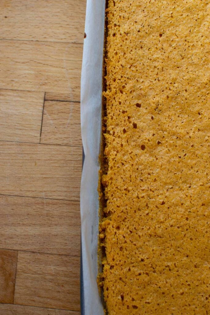 A close up of the pumpkin sponge cake edges after a knife has been used to loosen the parchment from the cake.