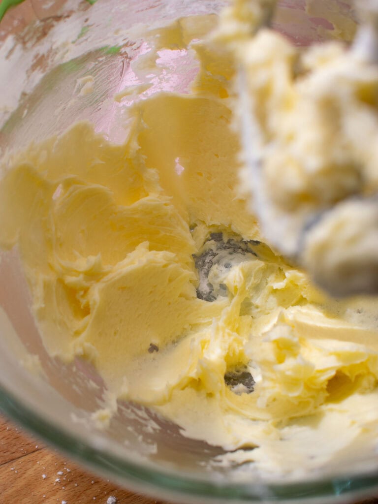 Butter and powdered sugar beaten together in a stand mixer.
