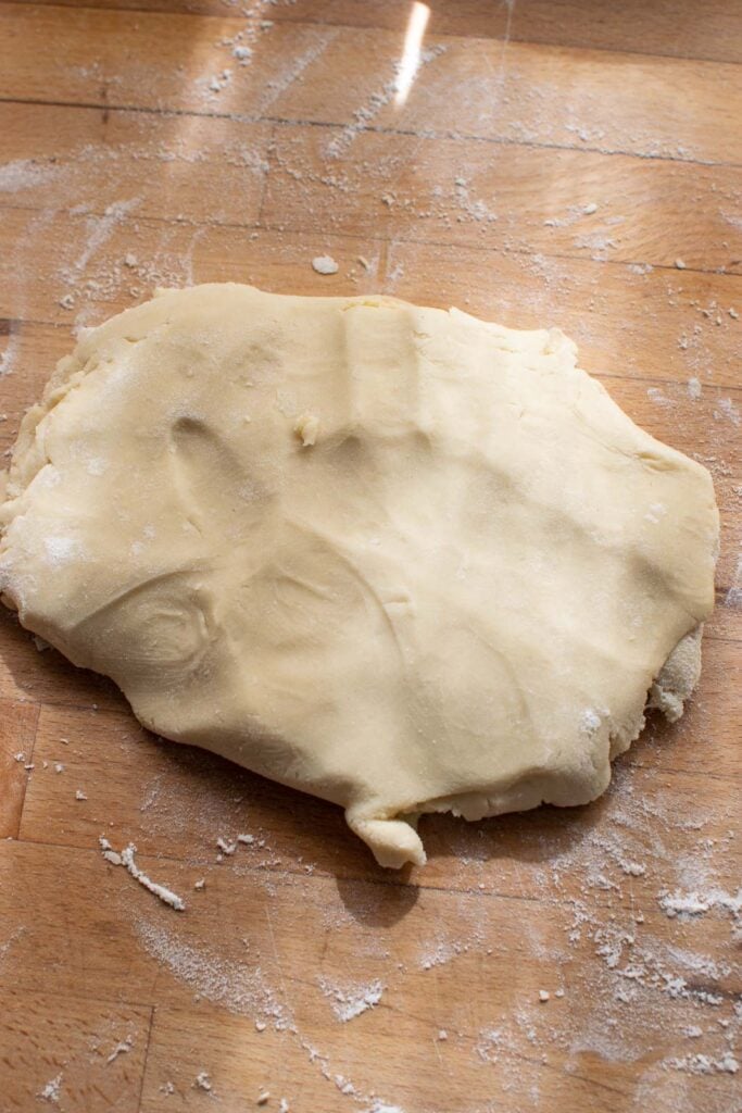 Shortbread cookie dough with the flour fully kneaded into the dough and patted smooth before rolling.