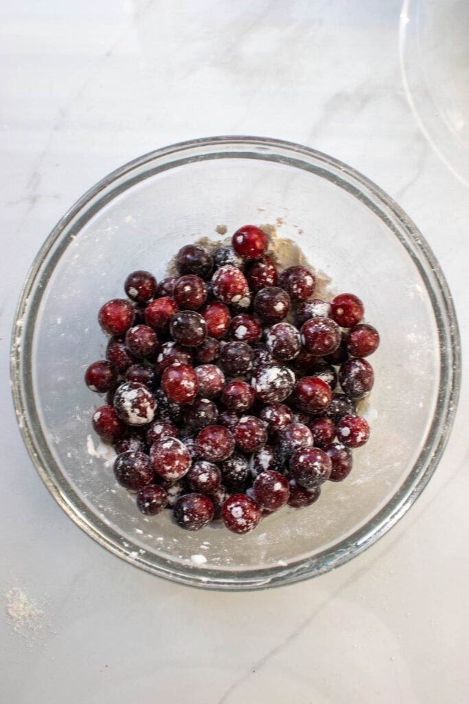 Fresh cranberries tossed with a bit of all purpose flour in a small mixing bowl.