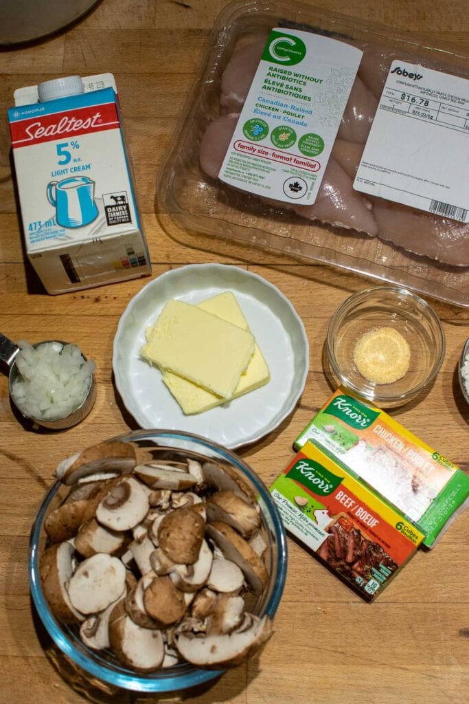 Ingredients to make Sunday chicken recipe including chicken, mushrooms, onions, cream and butter.